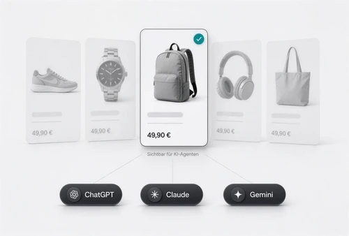 KI-Agent scannt Produktkarten in einem Onlineshop: Nur ein Produkt ist für Agentic Commerce sichtbar