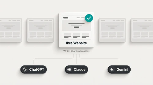 Eine von vielen Websites leuchtet hervor und wird von einer KI-Antwort als Quelle zitiert: Sichtbarkeit in ChatGPT, Claude und Gemini statt klassischer Trefferliste